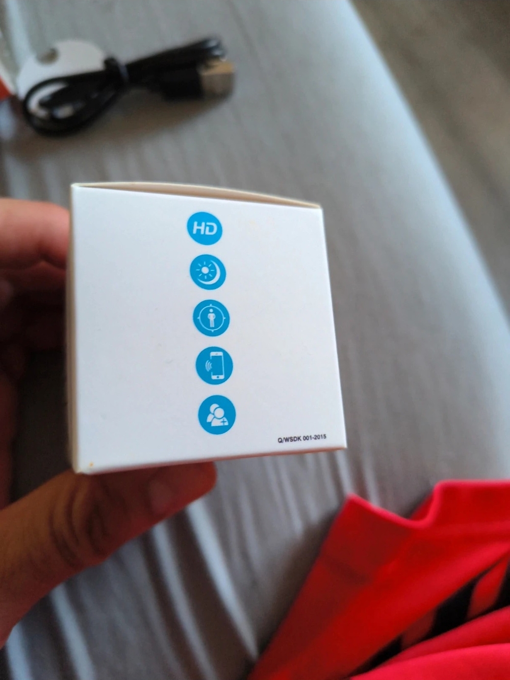 White Tech Accessory Box with Blue Icon Accents